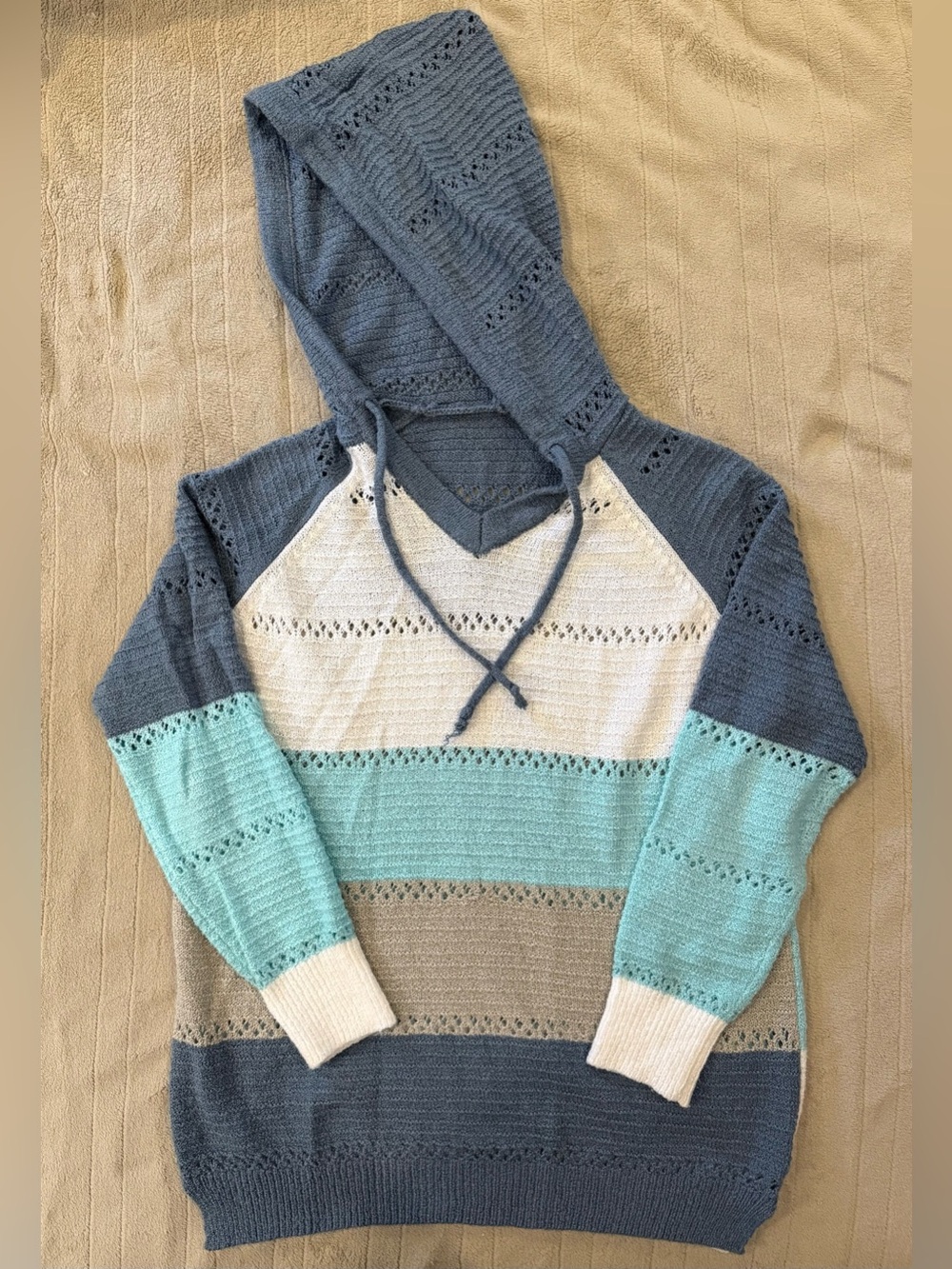 Striped Hooded Knit Sweater in Blue, Aqua, Cream, Tan
